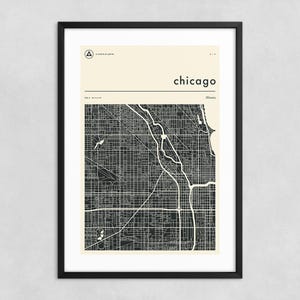 CHICAGO KAART (Giclée Fine Art Print) Minimalistische stadsstratenkaart (8 x 12 12 x 18 16 x 24 20 x 30 24 x 36 A1 A2 A3 A4), opgerold, uitgerekt of ingelijst