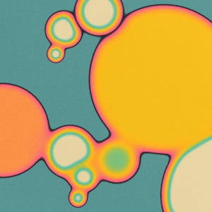 The image is a vibrant abstract composition featuring a variety of colorful shapes and patterns, including circles, ovals, and other organic forms, set against a teal background.