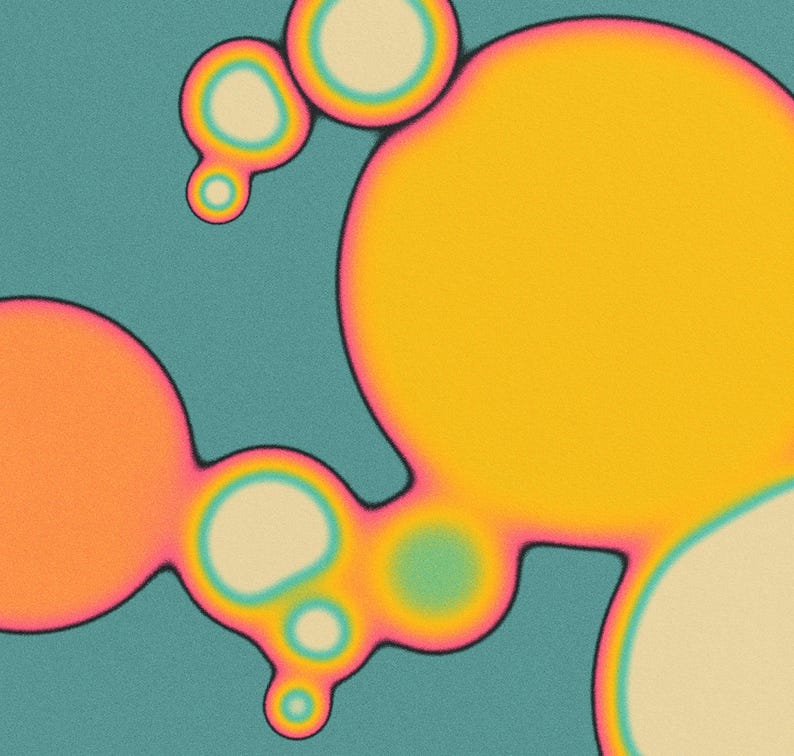 The image is a vibrant abstract composition featuring a variety of colorful shapes and patterns, including circles, ovals, and other organic forms, set against a teal background.