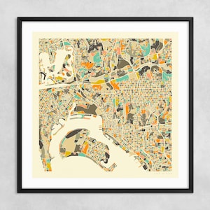 MAPA DE SAN DIEGO (impresión artística Giclée sobre papel o lienzo) Mapa de calles de ciudad minimalista de Jazzberry Blue (con o sin marco) Serie 1