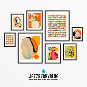 The image is a gallery of abstract artworks, featuring various shapes, patterns, and colors. The artworks are displayed in a grid format, with each piece framed and arranged in a visually appealing manner. The gallery is titled "Jazzberryblue" and emphasizes the artistic nature of the pieces, suggesting that they are meant to be appreciated for their creative expression rather than being described in detail.