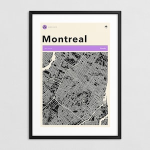 MONTREAL MAP (Giclée Fine Art Print on Paper or Canvas) Retro Minimalist City Street Map (Framed or Unframed)