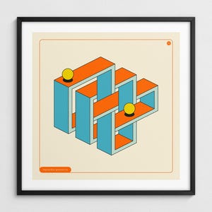 Könnte beinhalten: Gerahmter Druck mit einem unmöglichen geometrischen Design. Das Kunstwerk zeigt miteinander verbundene blaue und orangefarbene rechteckige Formen mit zwei gelben Kugeln. Der Text "impossible geometries" befindet sich unten.