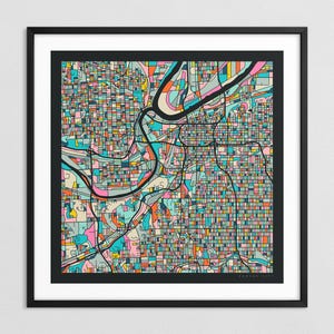 MAPA DA CIDADE DE KANSAS (Impressão artística giclée em papel ou tela) Mapa de rua colorido da cidade por Jazzberry Blue (com ou sem moldura) Série 3