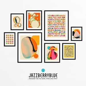 The image is a gallery of abstract artworks, featuring various shapes, patterns, and colors. The artworks are displayed in a grid format, with each piece framed and arranged in a visually appealing manner. The gallery is titled "Jazzberryblue" and emphasizes the artistic nature of the pieces, suggesting that they are meant to be appreciated for their creative expression rather than being described in detail.