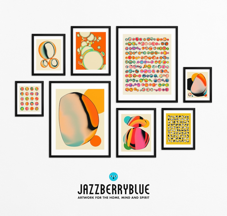 The image is a gallery of abstract artworks, featuring various shapes, patterns, and colors. The artworks are displayed in a grid format, with each piece framed and arranged in a visually appealing manner. The gallery is titled "Jazzberryblue" and emphasizes the artistic nature of the pieces, suggesting that they are meant to be appreciated for their creative expression rather than being described in detail.