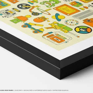The image is a framed collage of various colorful and whimsical illustrations, including toys, vehicles, and other playful objects.