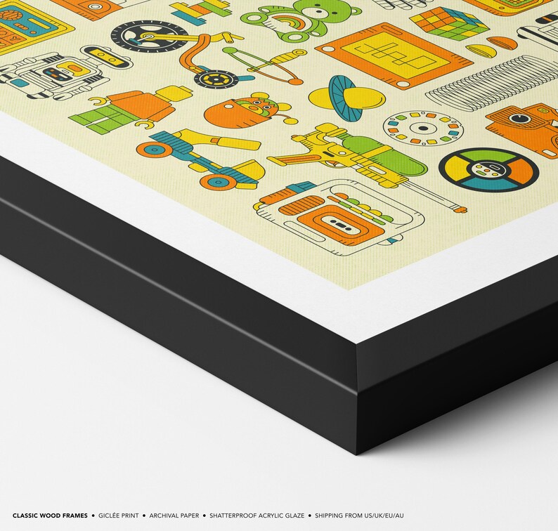 The image is a framed collage of various colorful and whimsical illustrations, including toys, vehicles, and other playful objects.