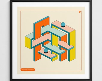 Może przedstawiać: Abstrakcyjny geometryczny wydruk artystyczny z pomarańczowymi, żółtymi, różowymi i niebieskimi kształtami. Grafika zawiera dwie niebieskie kule i tekst "impossible geometries" w czerwonym polu. Wydruk jest oprawiony w czarną ramę.