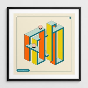 Könnte beinhalten: Abstrakter geometrischer Kunstdruck mit orangefarbenen, gelben und türkisfarbenen Blöcken. Das Kunstwerk enthält zwei kleine rosa Kugeln und den Text "impossible geometries" unten. Der Druck ist in einem schwarzen Rahmen gerahmt.