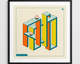 Op de afbeelding: Abstracte geometrische kunstprint met oranje, gele en blauwgroene blokken. Het kunstwerk bevat twee kleine roze bollen en de tekst "impossible geometries" onderaan. De print is ingelijst in een zwart frame.