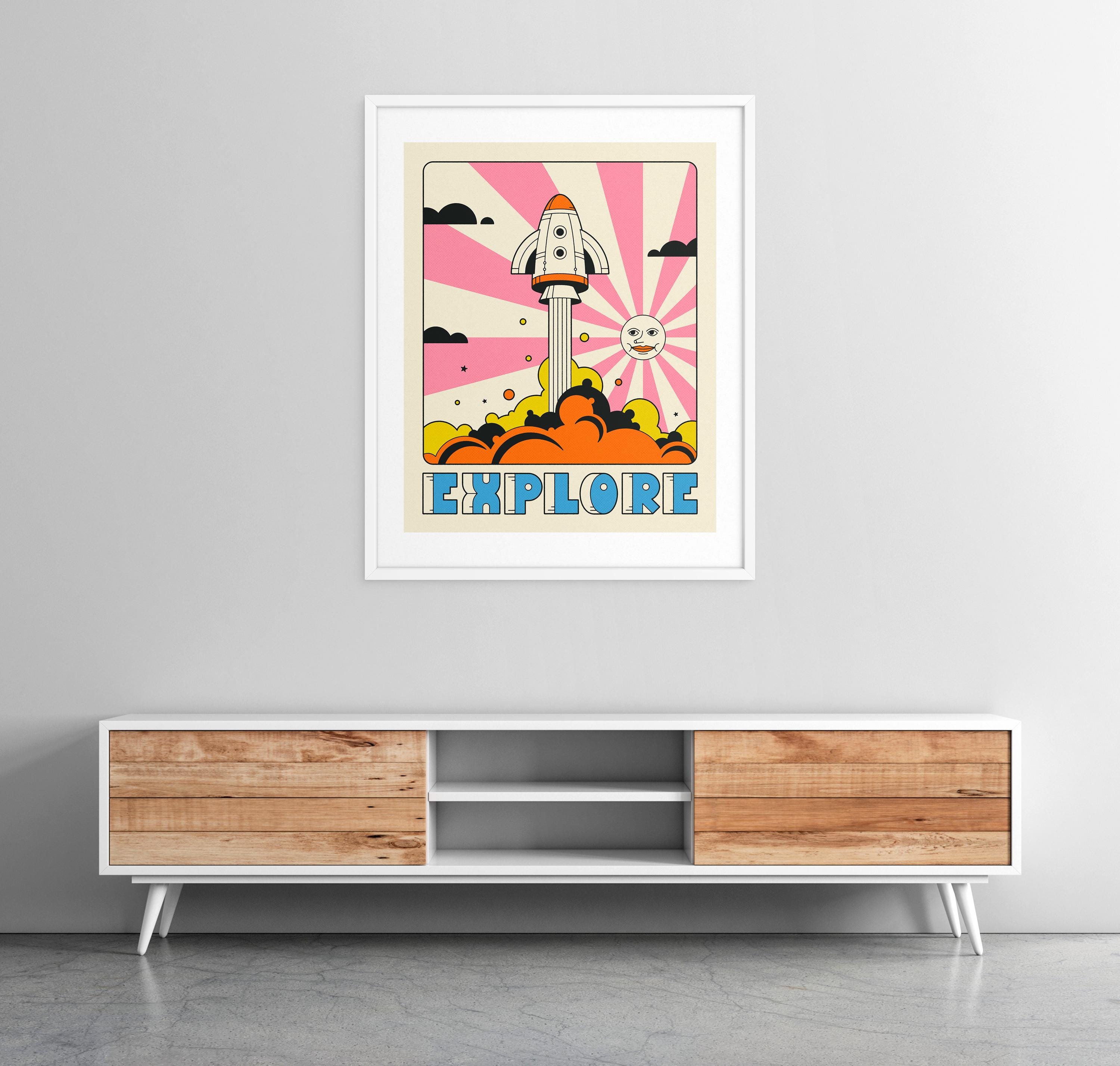 Colorful Retro Space Travel Poster, Rocketship Pop Art (giclée