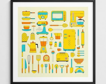 RETRO KITCHEN, Nostalgic Mid-Century Modern Utensils (Giclée Fine Art Print)