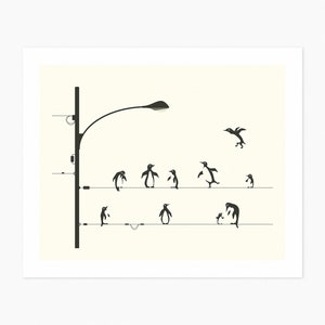 PENGUINS ON A WIRE (Giclée Fine Art Print) Minimalist Wall Art (8x10 12x16 16x20 18x24 24x32 A1 A2 A3 A4) Rolled, Stretched or Framed