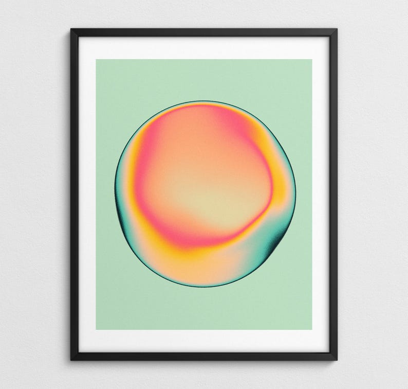 a vibrant abstract design with a circular shape in shades of pink, orange, and yellow against a light green background.