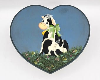 Wood Heart Shaped Cow Footstool Hand Painted Country Farmhouse Folk Art Decor