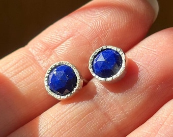 Rose Cut Blue Lapis Cabochon Earrings Handmade in sterling silver || Hammer-textured metalwork. Ready to ship for holiday gifting!