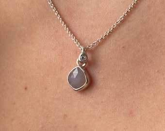 Rose Cut Grey Moonstone and Moissanite Charm Necklace Handmade in Sterling Silver || Choose your chain length!