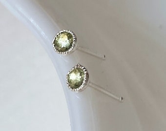 Tiny 3mm Rose Cut Peridot Stud Earrings Handmade in Sterling Silver. Hammer textured & Lightweight, perfect for everyday wear. Ready to ship