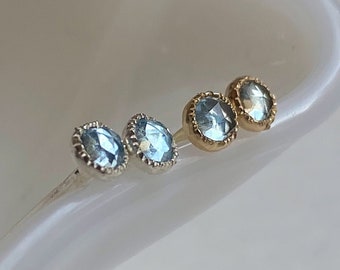 3mm Rose Cut Blue Topaz Gemstone Earrings Handmade in Your Choice of Sterling Silver or 14k Yellow Gold. Ready to ship. December birthstone.