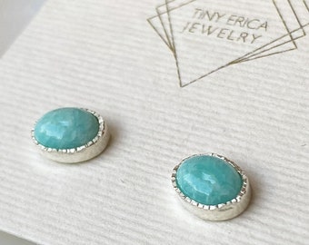 Bright Blue-teal Amazonite Stud Earrings Handmade in Sterling Silver. The Perfect birthday, holiday, or bridesmaid gift. Ready to ship.