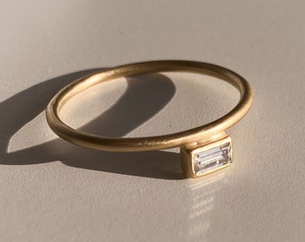 East-West Conflict-Free Baguette Moissanite Stacking Ring Handcrafted in Solid 14k Yellow Gold. Minimal Petite Aesthetic. Ready to ship.