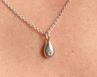 Hand crafted Sterling Silver and Moissanite Dew Drop Charm || Sand-cast charm made with recycled silver