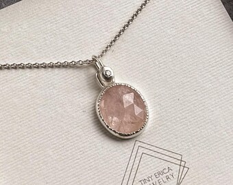 Pink Morganite and Moissanite necklace hand crafted in sterling silver. Ready to ship birthday, anniversary, holiday gift.