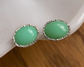 Hammer textured mint chrysoprase cabochon earrings handmade in sterling silver. Bright green-teal. Ready to ship birthday, holiday gift.