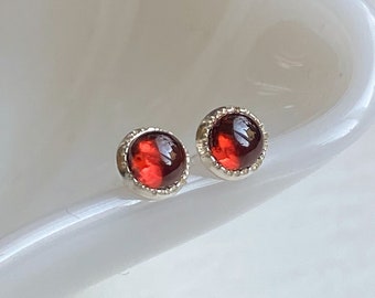 4mm Garnet Cabochon Earrings Handmade in Sterling Silver. Simple Everyday Post Back Earrings. Birthday, Anniversary, Holiday Gift!