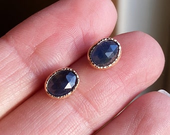 Lovely deep dark blue sapphire and solid 14k yellow gold stud earrings. Handcrafted & ready to ship! September birthstone. The perfect gift.