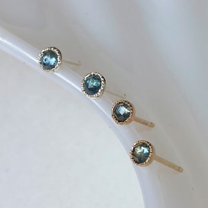 Handmade Dainty Blue Rose-cut Montana Sapphire Stud Earrings. Choose Between 14k Yellow Gold or Sterling Silver. The perfect holiday gift!