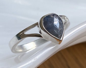 Rose-cut Blue Pear Shaped Sapphire Ring Handcrafted in Solid Sterling Silver. Size 7 Split Shank Ring. September Birthstone, Holiday Gift.