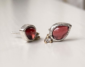 Garnet and Moissanite Stud Earrings Handmade in Sterling Silver and 14k Yellow Gold. The perfect holiday, anniversary, or birthday gift!