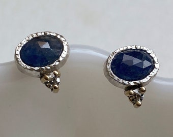 Rose-cut Sapphire and Brilliant-cut Moissanite Stud Earrings Handmade in Sterling Silver and 14k Yellow Gold. Two toned, hammer textured.