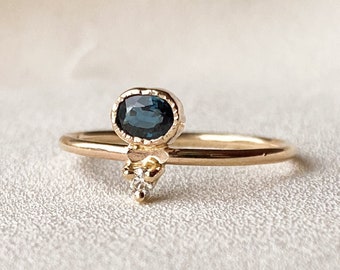 Sapphire and moissanite stacking ring handcrafted in solid 14k yellow gold