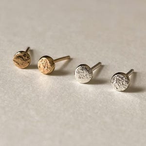Handcrafted Pollen Stud Earrings Made in Your Choice of Recycled Sterling Silver or 14k | Hammer textured, lightweight, & an everyday basic.