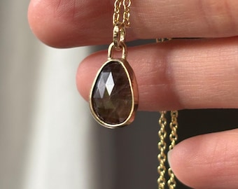 Brown Sapphire Charm Necklace Handcrafted in Solid 14k Yellow Gold. Choose between Silver, 14ky Gold Fill, & Solid 14ky Gold for your chain