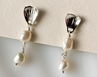 Buttercup Flower Petal with Pearl DUO Stud Earrings Handmade with Recycled Sterling Silver || Ready to ship for the holidays!