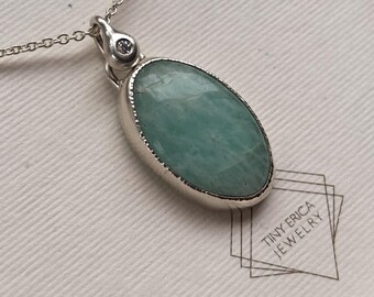 Amazonite and Moissanite Statement Necklace Handcrafted in Sterling Silver || Choose your ideal chain length!
