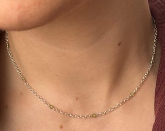 Sterling Silver and Hand-wrapped Green Peridot Rondelle Bead Layering Necklace, 16" Long.