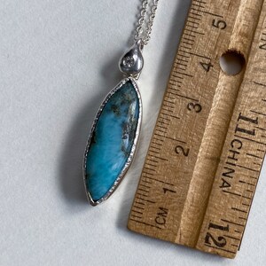 Unique Marquise Larimar Cabochon and 2mm Round Moissanite Necklace Hand Made in Sterling Silver. Hammer Set Bezel Pendant. Ready to Ship. image 5