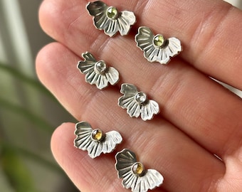 Coreopsis Flower Fan Stud Earrings Handcrafted in Recycled Sterling Silver and your choice of gemstone: Citrine, Peridot, or White Topaz