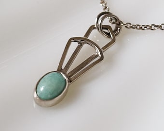 Oval Amazonite Art Deco Charm Necklace Handcrafted in Sterling Silver || Light blue-teal stone. Ready to ship for the holiday season!