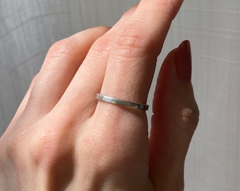 Last Chance: Size 7 handmade lightweight 2mm x 1mm Sterling Silver band ring. Gender neutral hand crafted wedding ring, stacking ring.