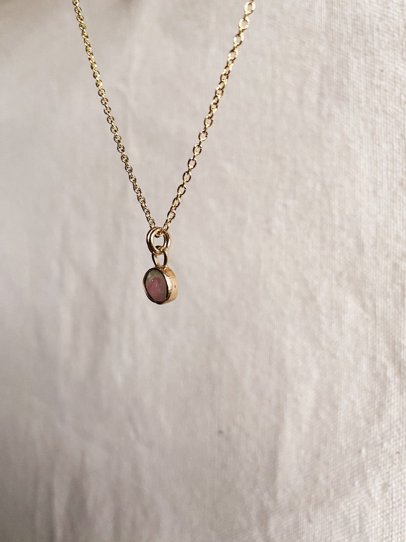 Watermelon Tourmaline Pendant Hand Crafted in 14k Yellow Gold & Sterling Silver. Choose Between Solid 14k, Gold Filled, or Sterling Chain image 10