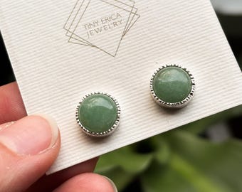 Juicy green aquamarine stud earrings in sterling silver. Handmade and ready to ship. Hammer set gemstones.