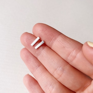 Lightweight, Minimalist Handmade Sterling Silver Rectangular Bar Stud Earrings | Gender neutral & perfect for everyday wear.