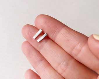 Lightweight, Minimalist Handmade Sterling Silver Rectangular Bar Stud Earrings | Gender neutral & perfect for everyday wear.