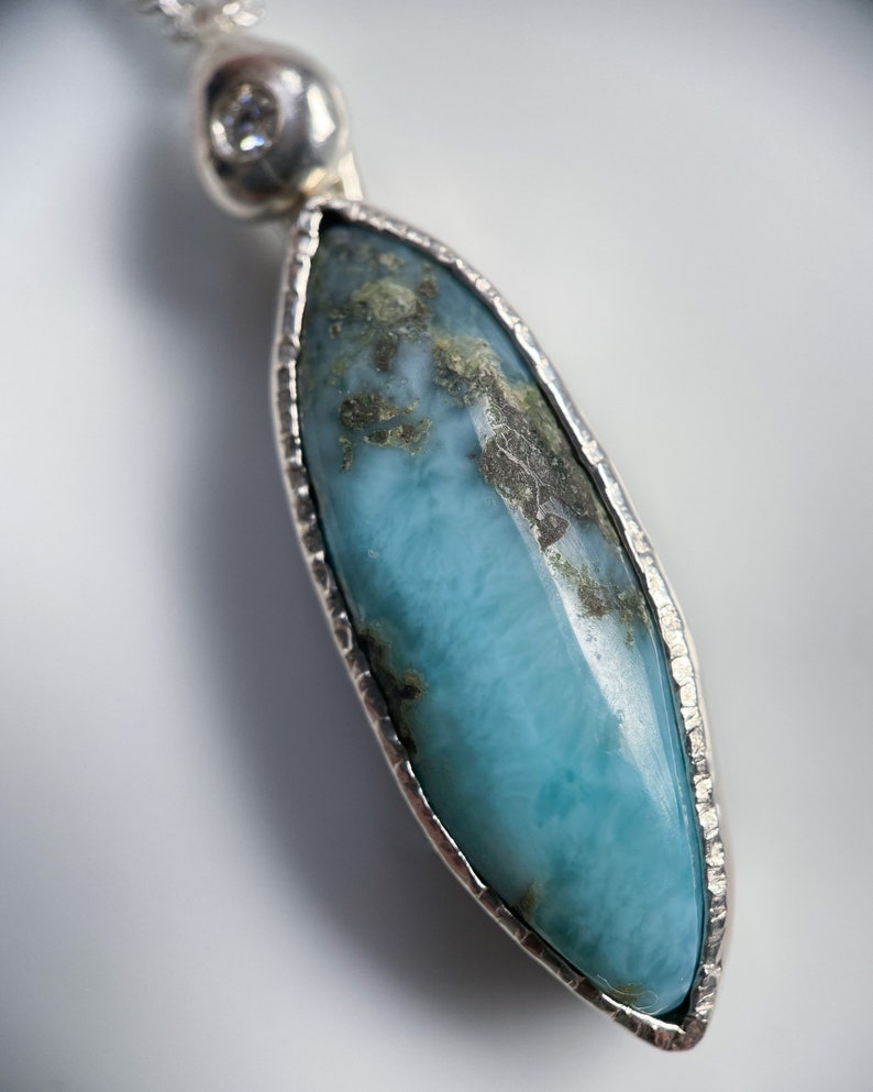Unique Marquise Larimar Cabochon and 2mm Round Moissanite Necklace Hand Made in Sterling Silver. Hammer Set Bezel Pendant. Ready to Ship. image 2